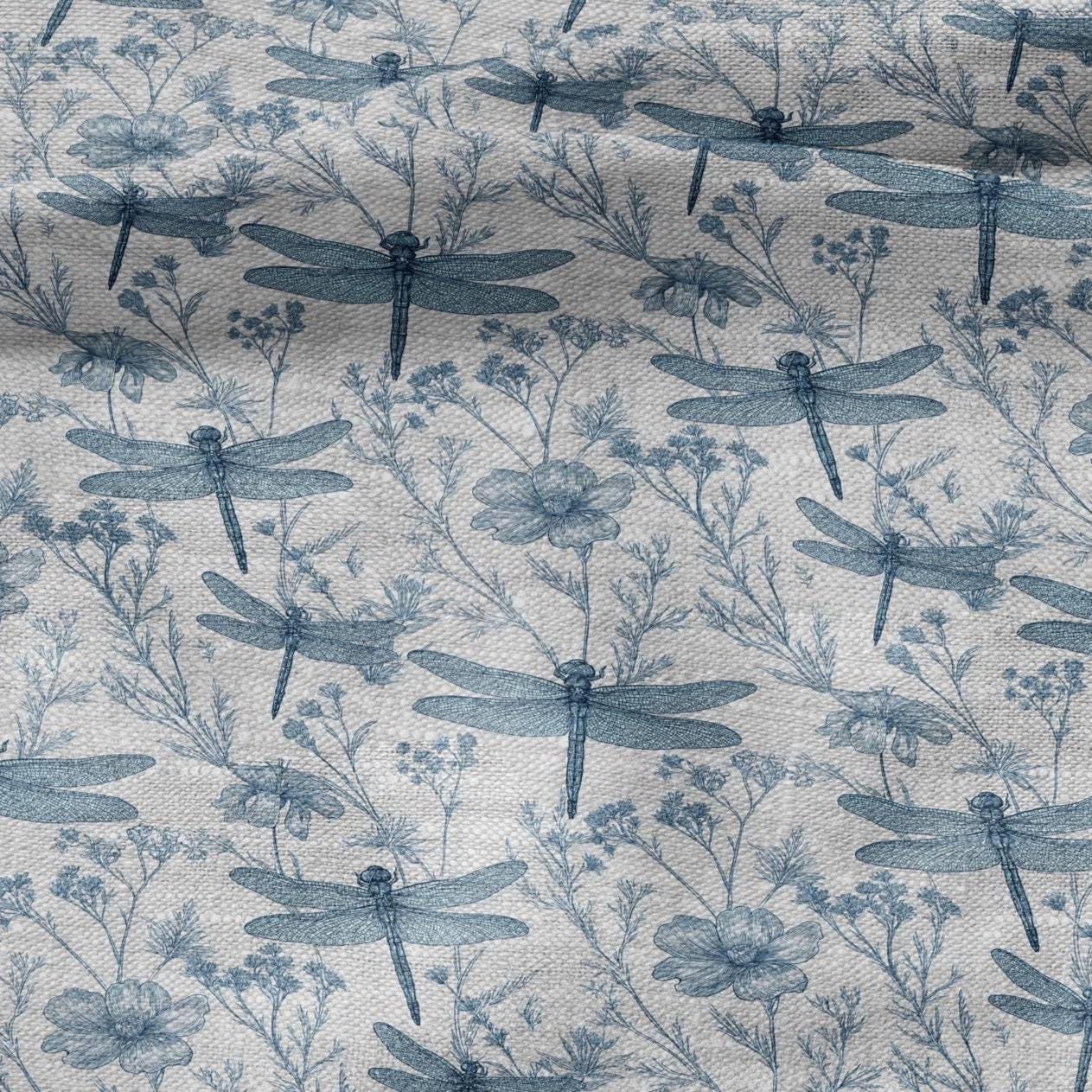 100% LINEN Fabric dragonflies blue print - botanical floral on oatmeal linen - modern vintage 3130