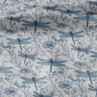 100% LINEN Fabric dragonflies blue print - botanical floral on oatmeal linen - modern vintage 3130