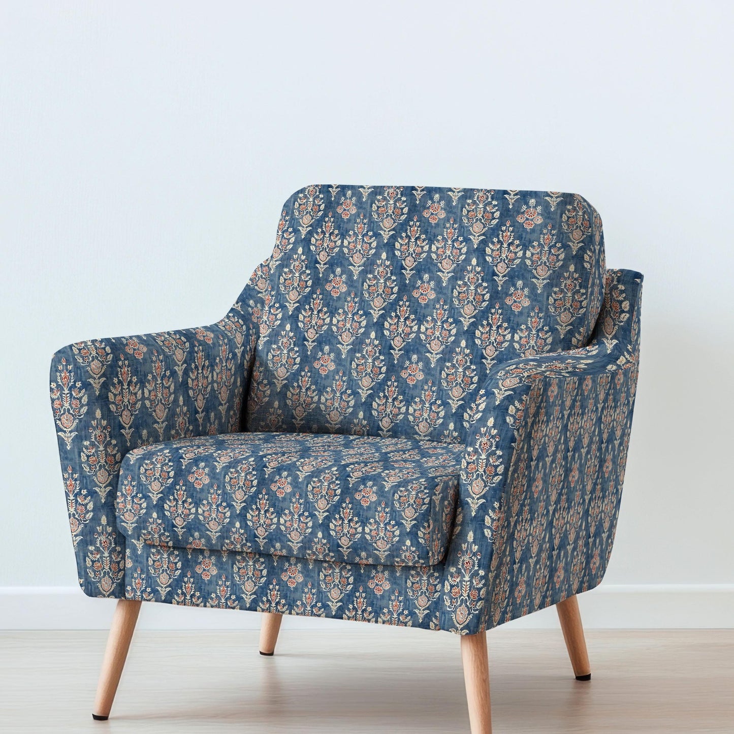 100% LINEN Fabric UPHOLSTERY 12oz - Block print blue beige red print on linen - Modern vintage pattern 322