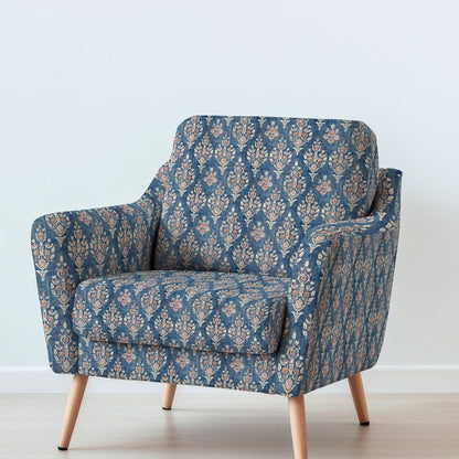 100% LINEN Fabric UPHOLSTERY 12oz - Block print blue beige red print on linen - Modern vintage pattern 322