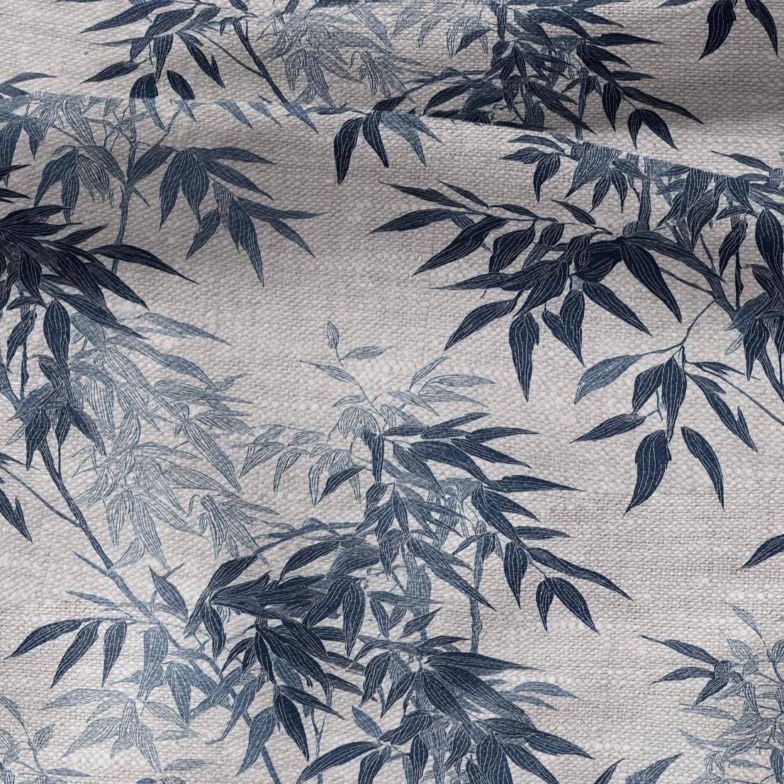 100% LINEN Fabric Bamboo blue print - botanical floral on oatmeal linen - chinoiserie modern vintage 3050