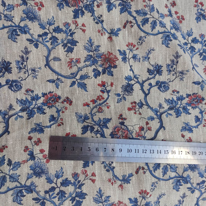 100% LINEN Fabric Toile de Jouy , white botanical fabric with blue indigo red print, French linen floral blossom 326