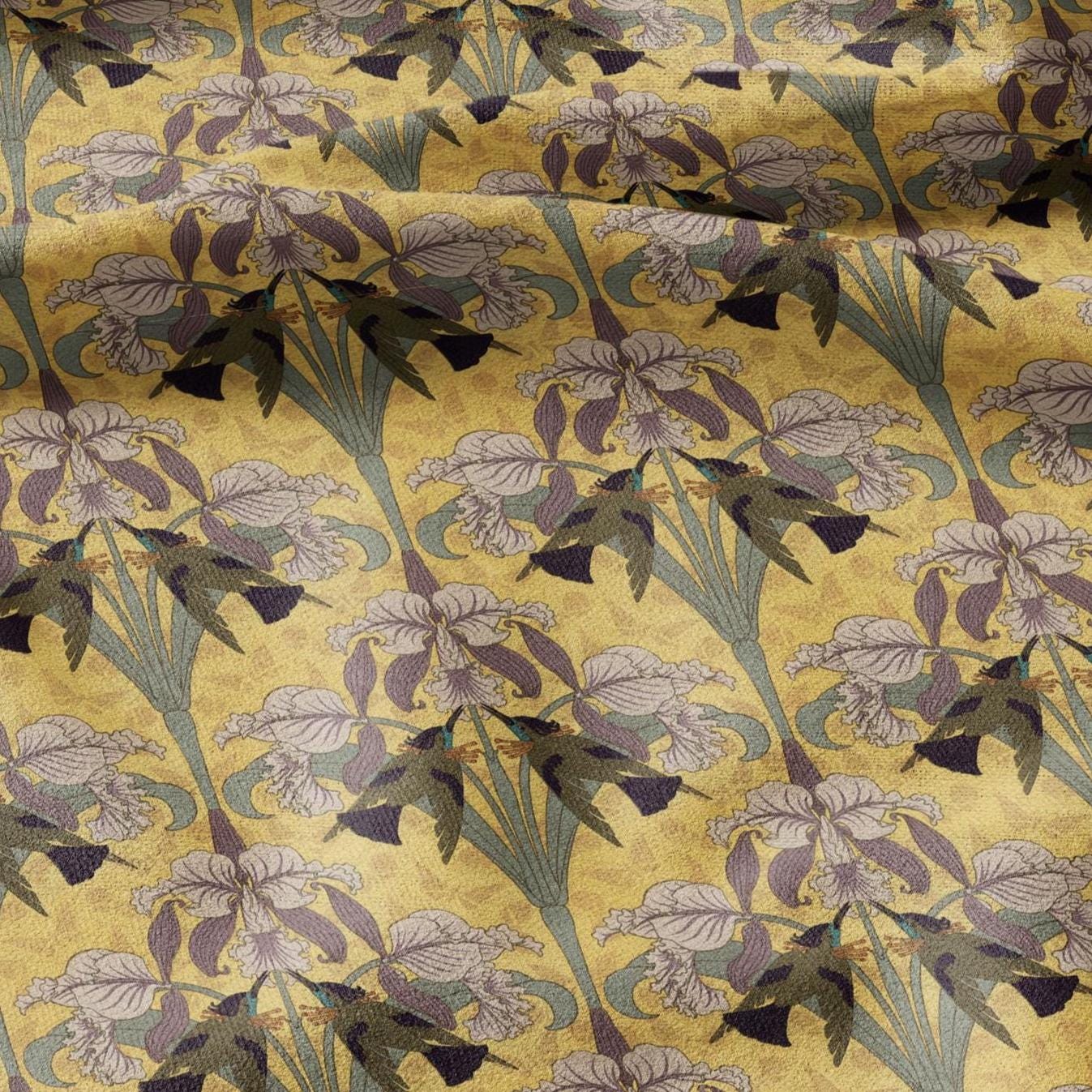 100% linen Art Nouveau Print fabric for Curtain Upholstery Cushion - Floral fabric HUMMINGBIRD - fabric material for dress making sewing