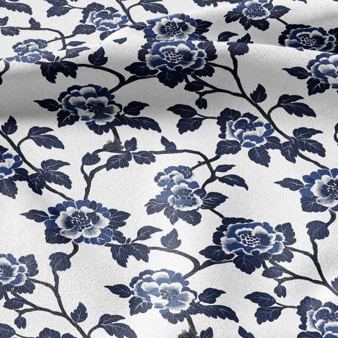100% LINEN Fabric roses print - indigo blue white floral fabric for upholstery home decor dress making 2381