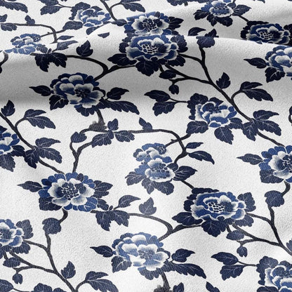 100% LINEN Fabric roses print - indigo blue white floral fabric for upholstery home decor dress making 2381