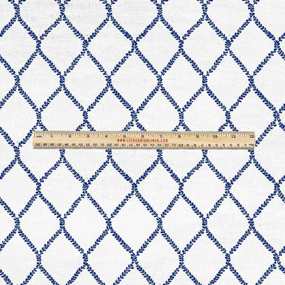 100% LINEN Fabric UPHOLSTERY 12oz - Grandmillenniar on linen - Modern vintage Victorian blue trellis upholstery 2949