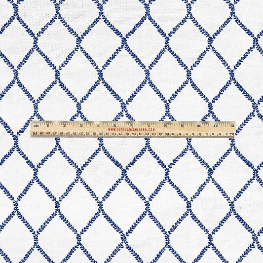 100% LINEN Fabric UPHOLSTERY 12oz - Grandmillenniar on linen - Modern vintage Victorian blue trellis upholstery 2949