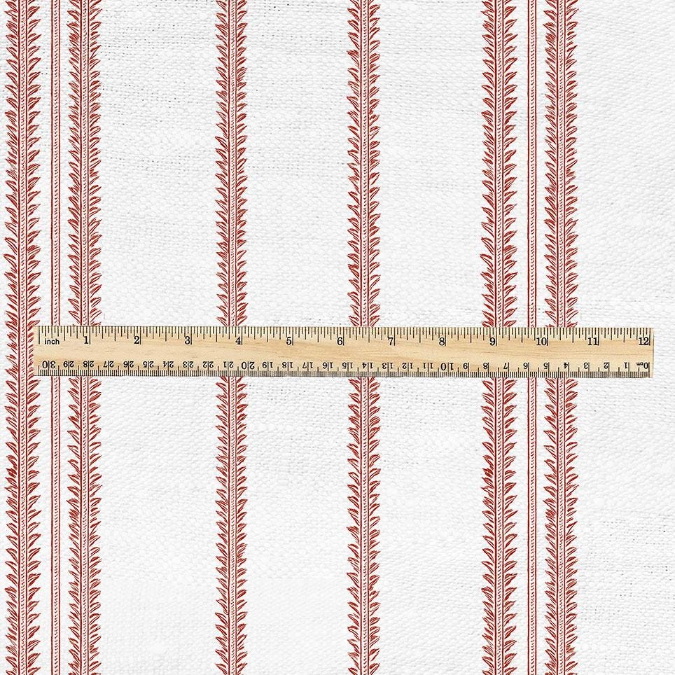100% LINEN Fabric french red white stripe print - vintage modern  3360