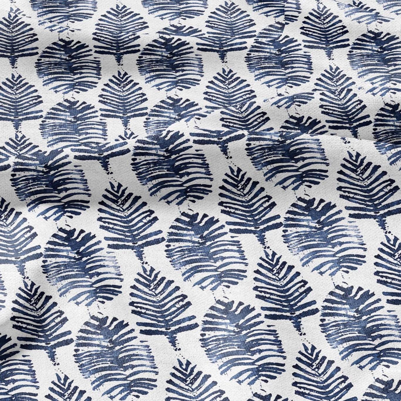 100% LINEN Fabric leaves print - Grandmillennial indigo blue - Modern vintage flower block print upholstery curtains dress making 2930