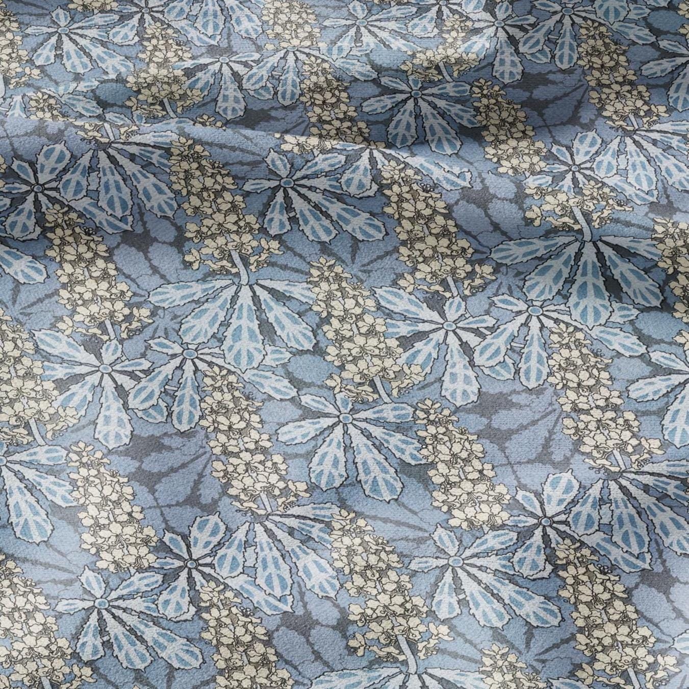 100% linen Art Nouveau Print fabric for Curtain Upholstery Cushion - Floral fabric Chestnut tree blue - fabric for dress making sewing