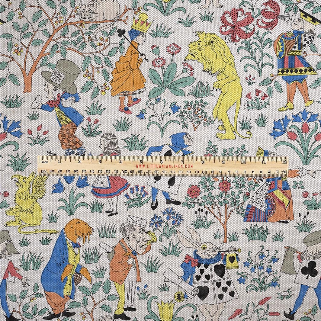 100% LINEN Fabric UPHOLSTERY 12oz - Alice in Wonderland by Voysey on oatmeal - Modern vintage historical British floral upholstery 2984