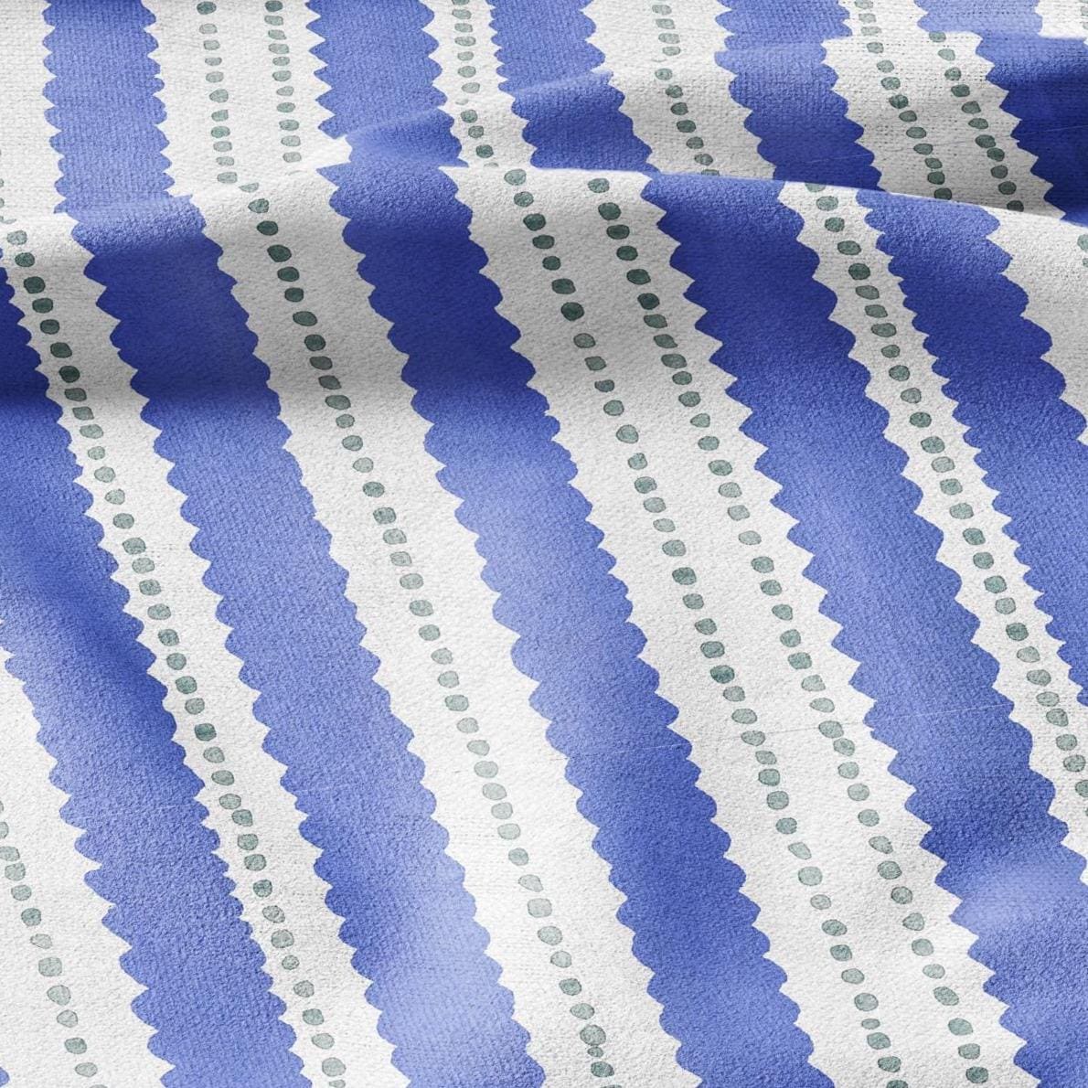 100% LINEN Fabric Scalloped stripe print - retro blue dot stripe - for upholstery home decor - medium for dress making 2884B