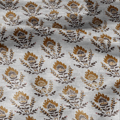 100% LINEN Fabric mustard yellow block print on oatmeal natur linen - floral French - heavy upholstery home decor - medium dress making 2373