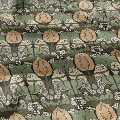 Owl Voysey green print on 100% LINEN - Victorian Art crafts linen Fabric - botanical Historical upholstery home textile