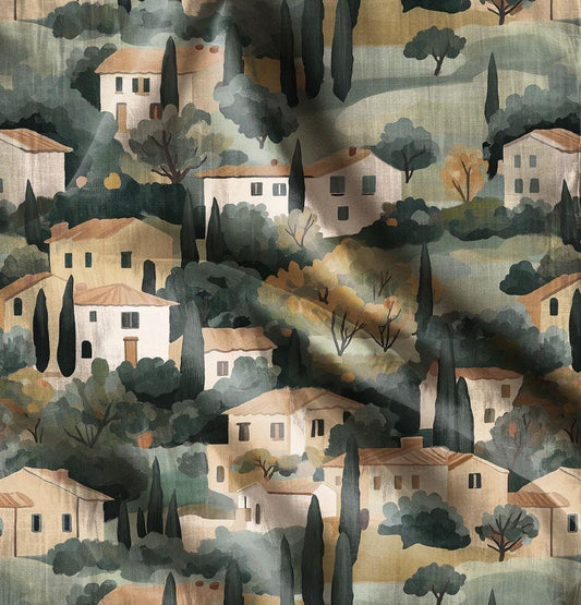 100% LINEN Fabric Tuscany landscape print, linen fabric with house and cypress tree print, heavy linen fabric for upholstery home decor
