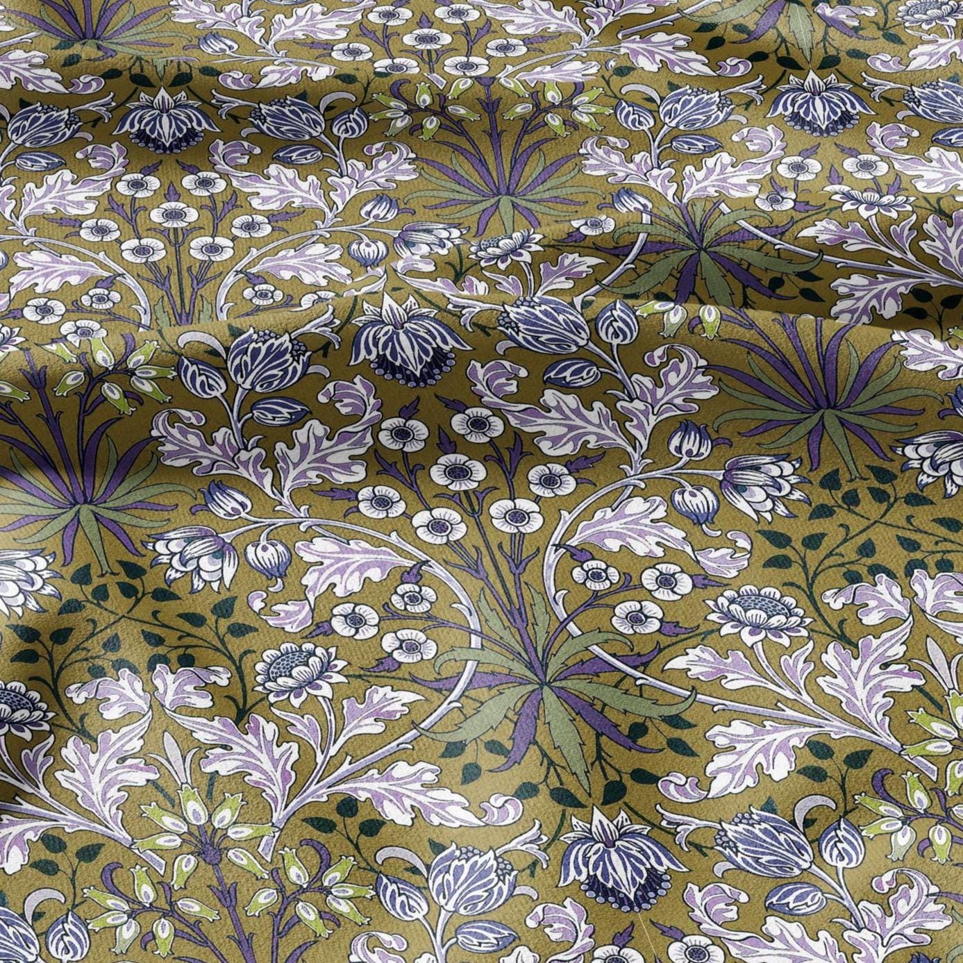 100% LINEN Fabric William Morris hyacinth print - Modern vintage botanical - Victorian Art Craft yellow beige 3149