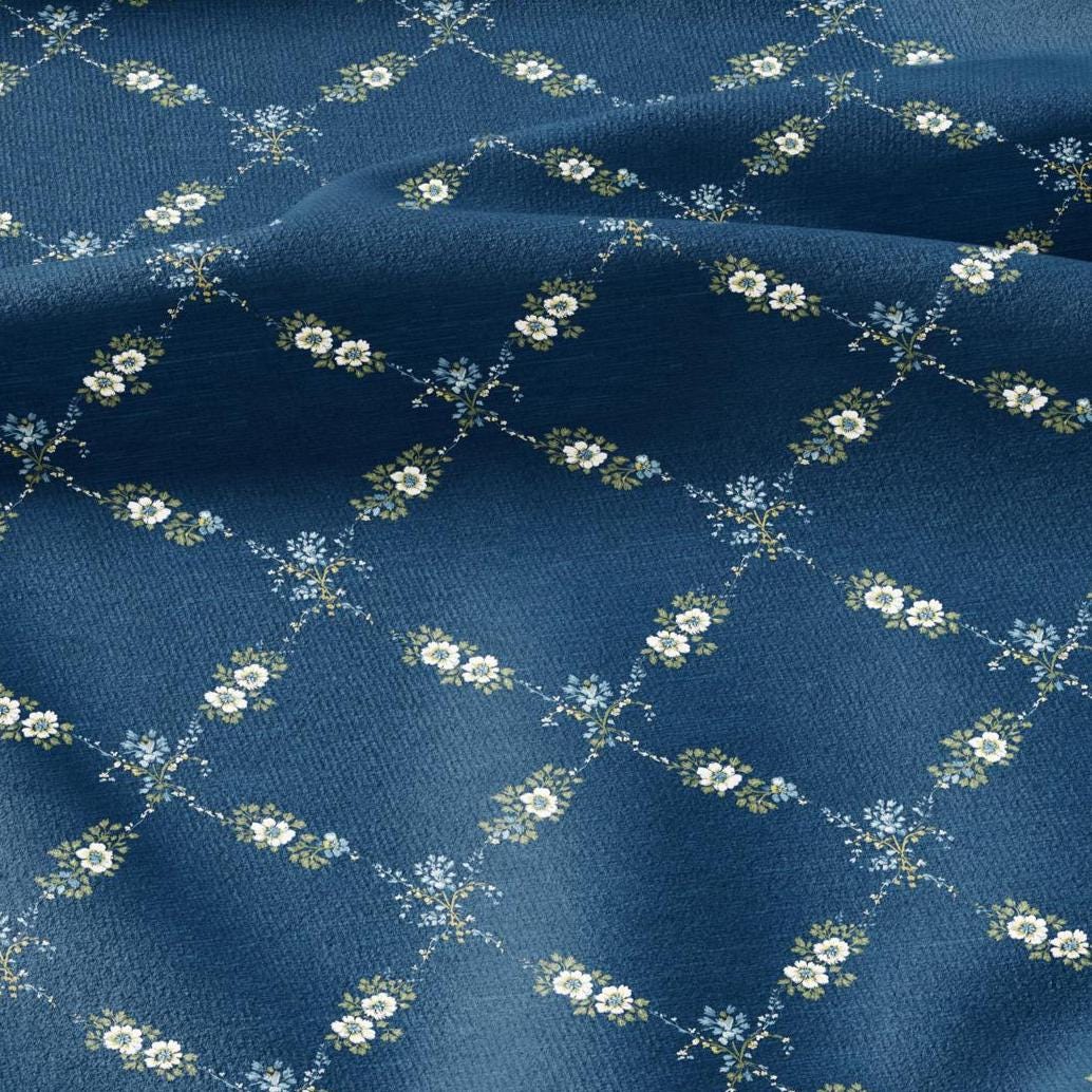100% LINEN Fabric Floral trellis blue print - botanical indigo blue upholstery curtains dress making 3064