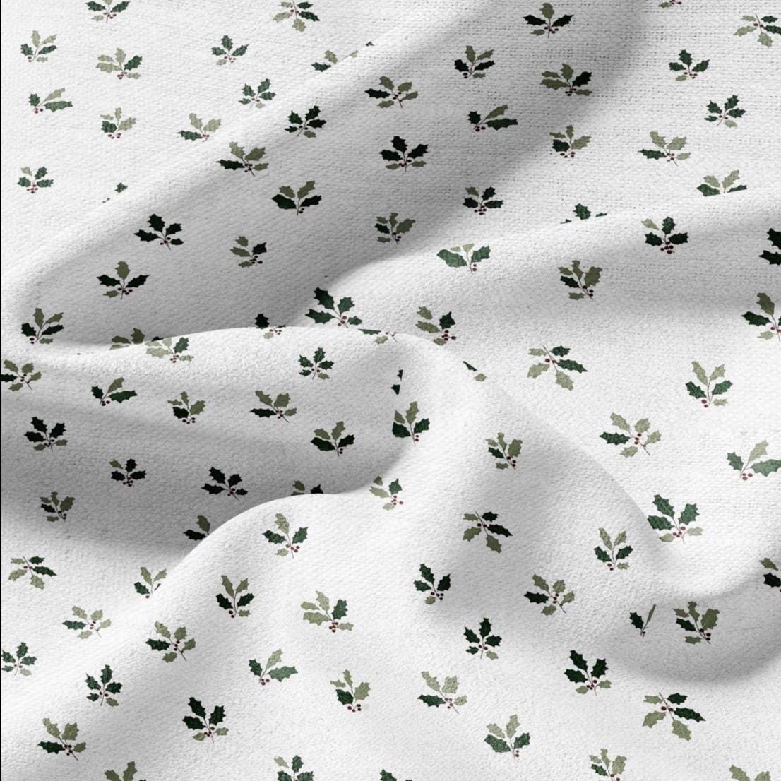 100% LINEN Fabric Leaves tiny green print - Mid-century modern botanical stripe upholstery home textile artisan green white 3094