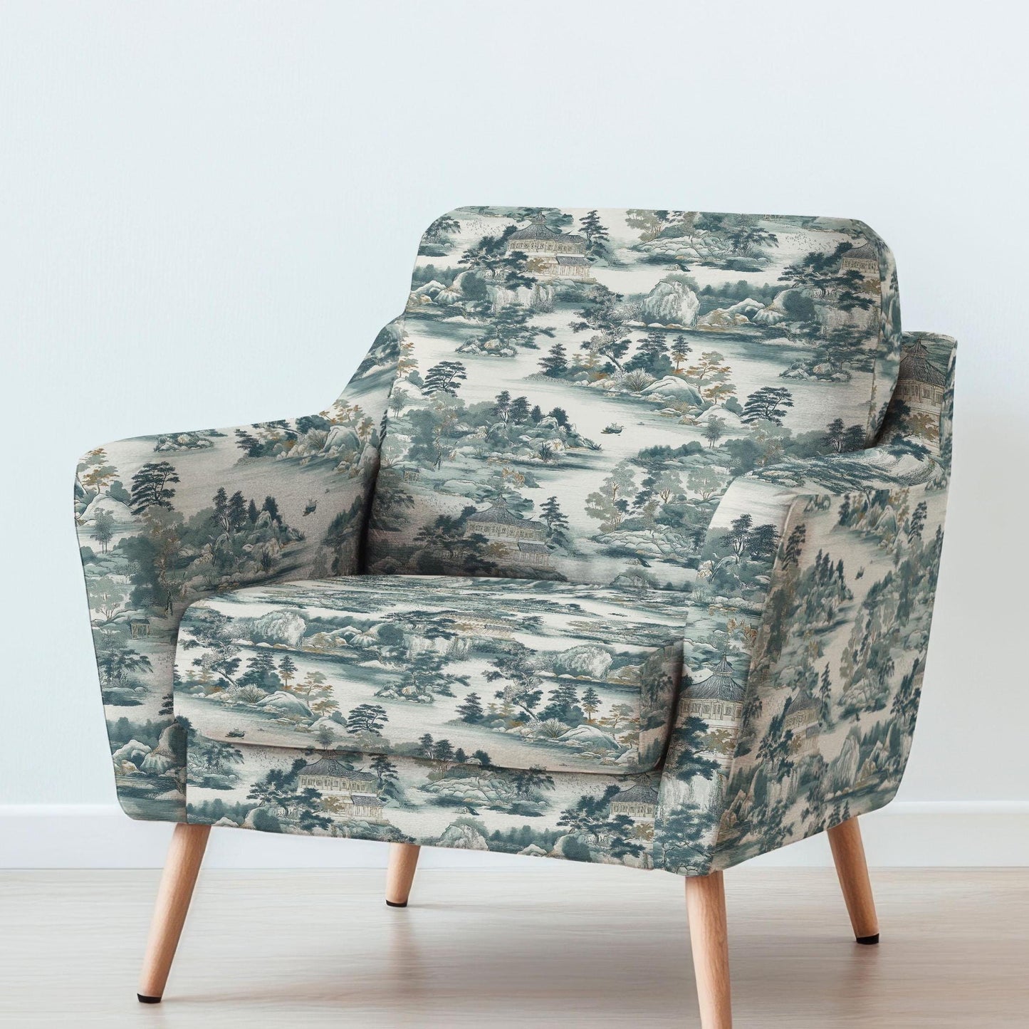 100% LINEN Fabric UPHOLSTERY 12oz - Takayama Japanese landscape blue green print - toile de jouy - scenery pine floral upholstery 2925