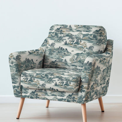 100% LINEN Fabric UPHOLSTERY 12oz - Takayama Japanese landscape blue green print - toile de jouy - scenery pine floral upholstery 2925