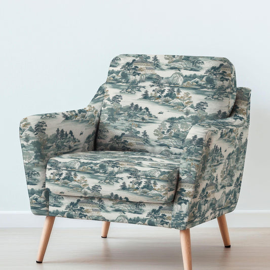 100% LINEN Fabric UPHOLSTERY 12oz - Takayama Japanese landscape blue green print - toile de jouy - scenery pine floral upholstery 2925