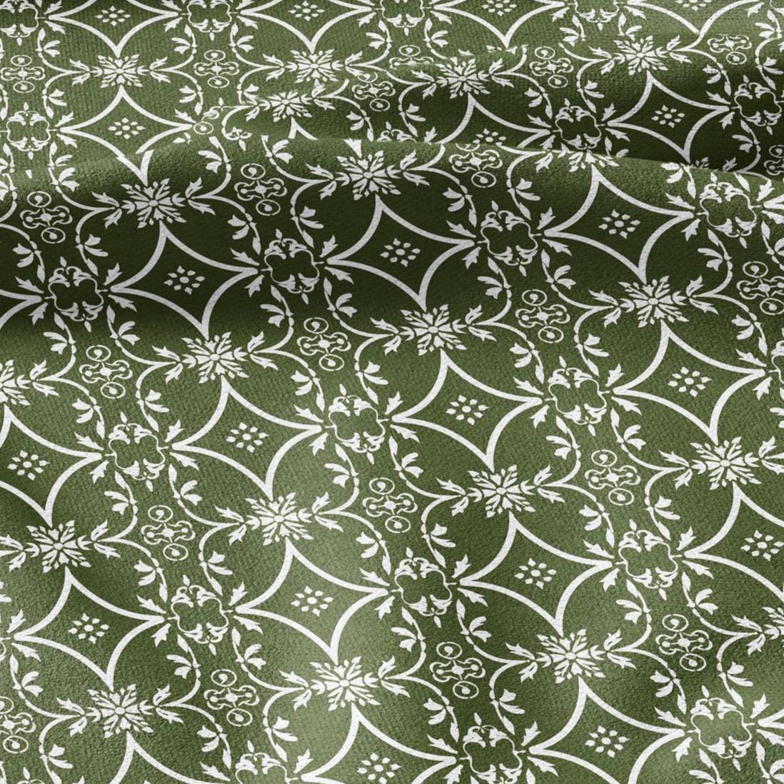 100% LINEN Fabric green floral print - geometric block print -  2874