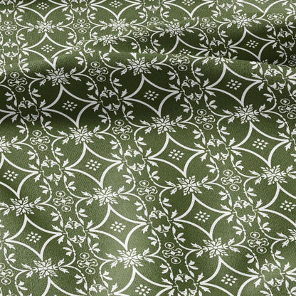 100% LINEN Fabric green floral print - geometric block print -  2874