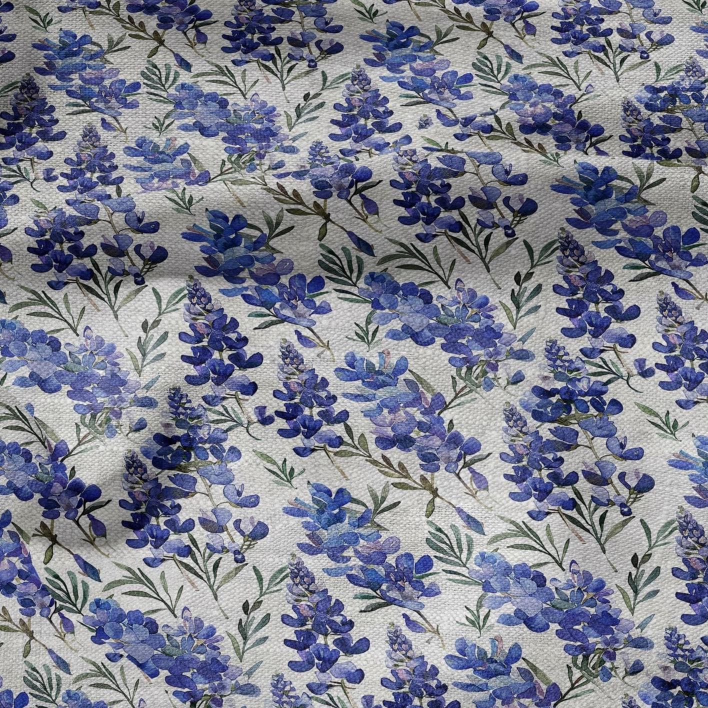 100% LINEN Fabric Lupin blue flower print on oatmeal linen - modervintage floral - sewing clothing home textile light upholstery 2972