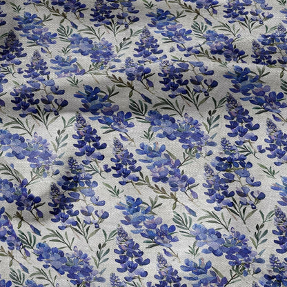 100% LINEN Fabric Lupin blue flower print on oatmeal linen - modervintage floral - sewing clothing home textile light upholstery 2972