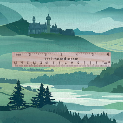 100% LINEN Fabric Bavaria landscape print -greenery forest castle linen heavy for upholstery home decor - medium for dress making 2901