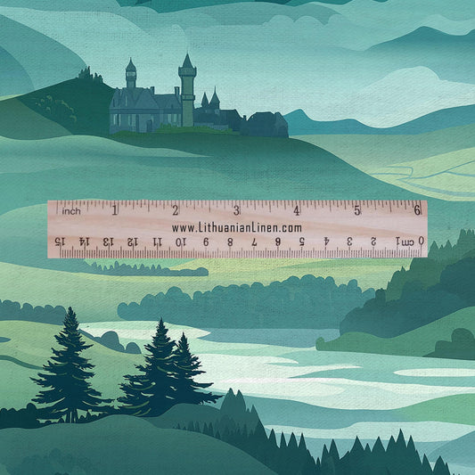 100% LINEN Fabric Bavaria landscape print -greenery forest castle linen heavy for upholstery home decor - medium for dress making 2901