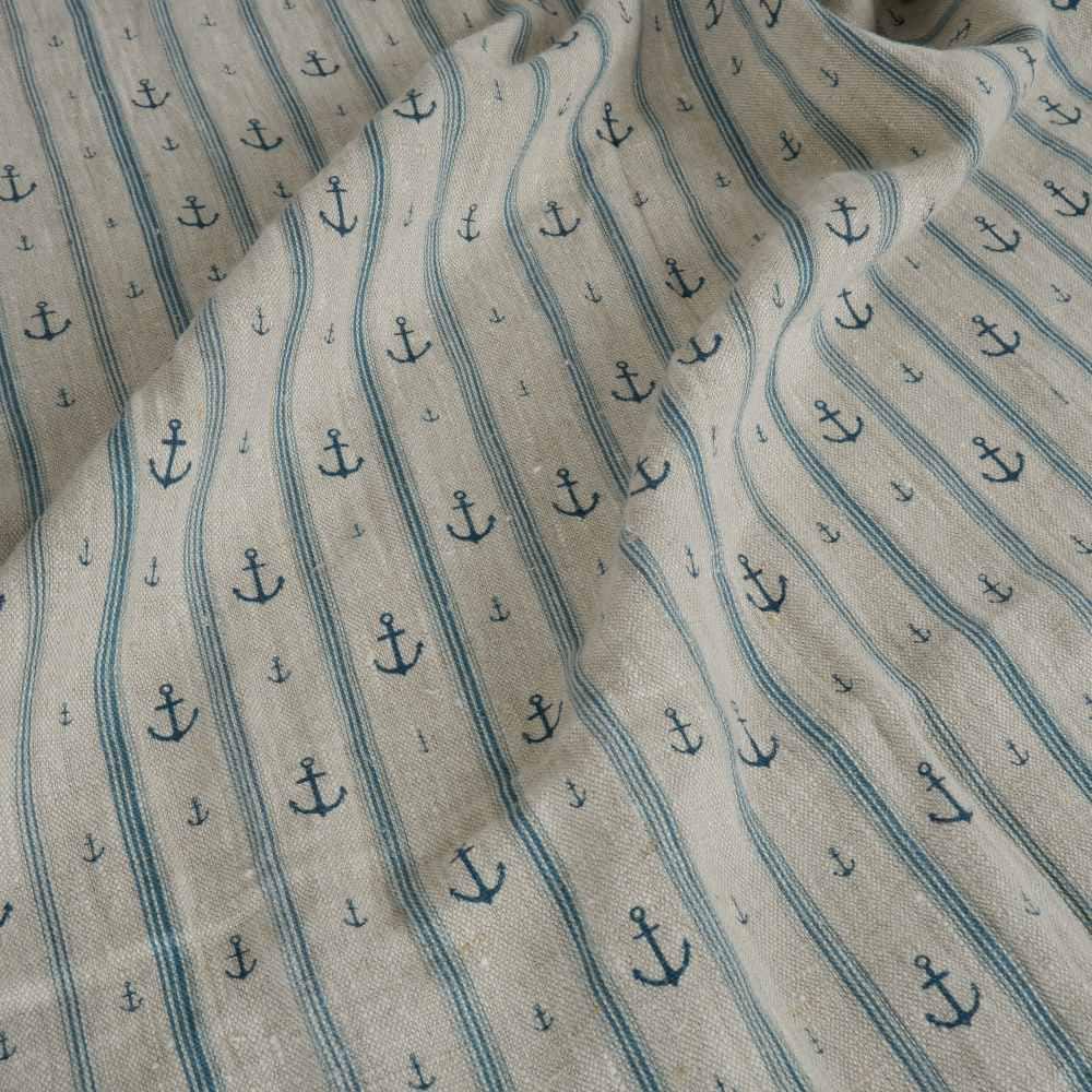 100% LINEN Fabric Anchor stripe print on oatmeal linen - Marine blue gray heavy for upholstery - medium weight linen dress making 2764