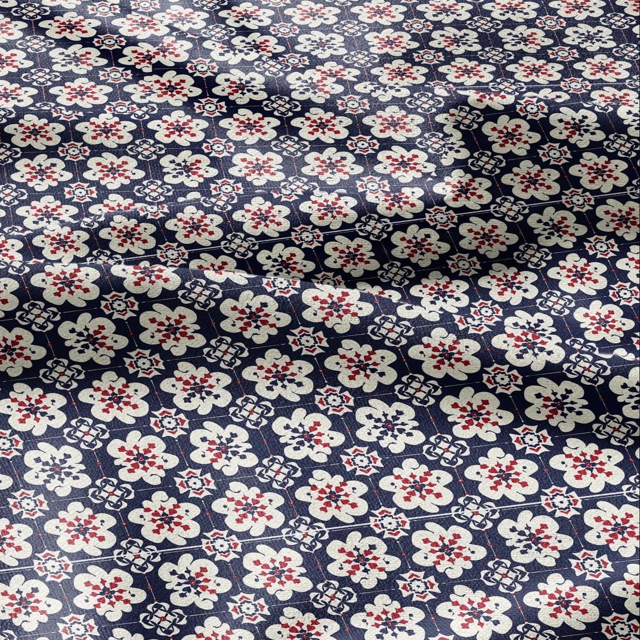 100% LINEN Fabric block print Korean Flower - red blue indigo floral print - heavy upholstery home decor - medium for clothing 2601