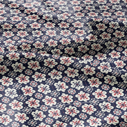 100% LINEN Fabric block print Korean Flower - red blue indigo floral print - heavy upholstery home decor - medium for clothing 2601