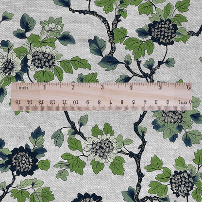 100% LINEN Fabric printgreen blue flower gray - oatmeal linen fabric with botanical print - heavy for home decor clothing 2918