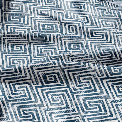 100% LINEN Fabric block Greek key Infinity print indigo blue on white - heavy linen fabric for upholstery home decor 2590