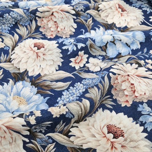 100% LINEN Fabric blue floral DAHLIAS, white blue botanical fabric with floral print, indian block print on linen linen 2578