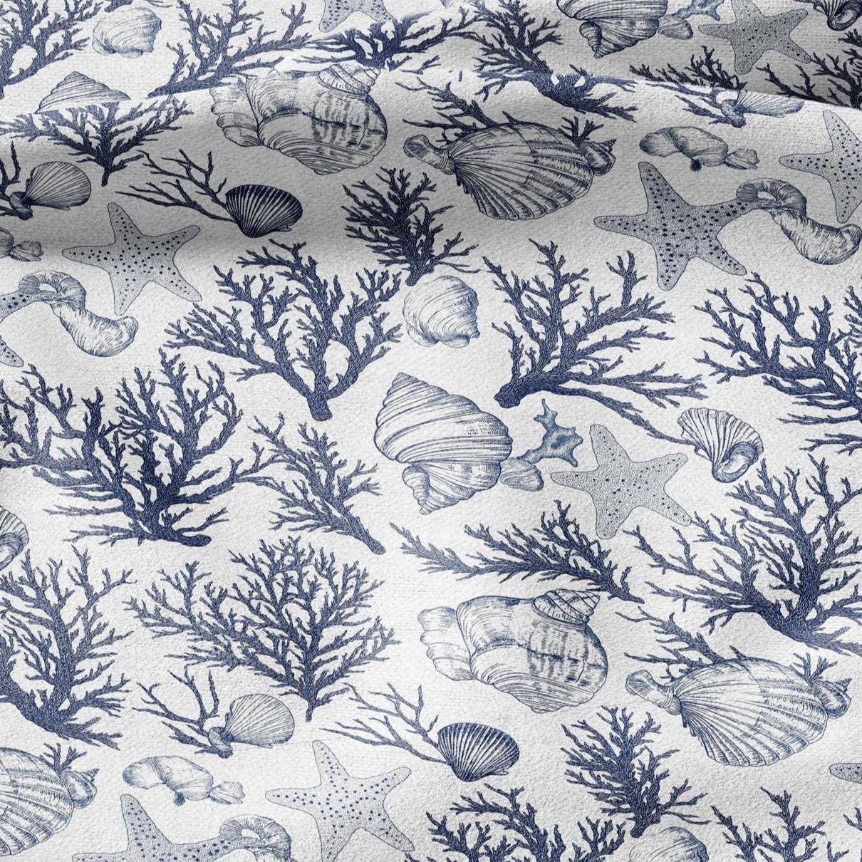 100% LINEN Fabric corals & shells print linen - coastal fabric for upholstery home decor dress making 2364