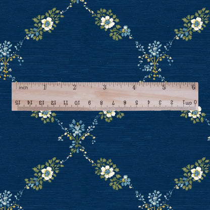 100% LINEN Fabric Floral trellis blue print - botanical indigo blue upholstery curtains dress making 3064