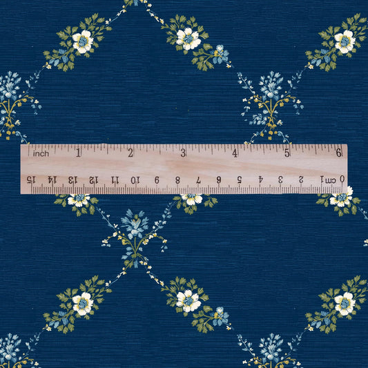100% LINEN Fabric Floral trellis blue print - botanical indigo blue upholstery curtains dress making 3064