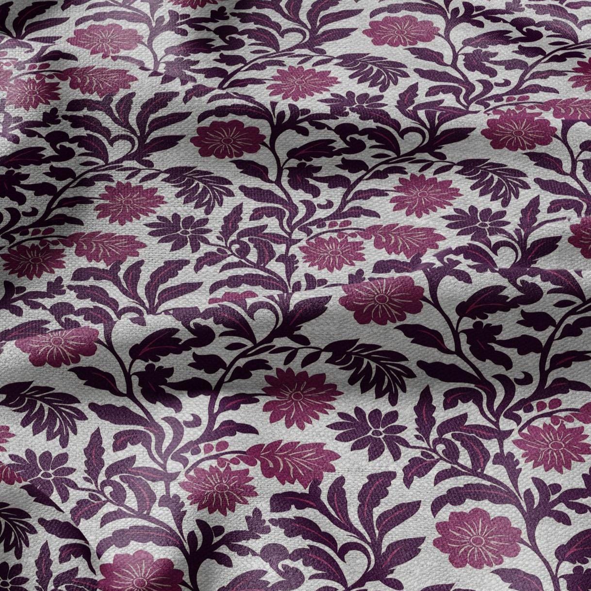 100% LINEN Fabric purple flowers - floral modern print on oatmeal linen for home decor sewing dress clothing 2372