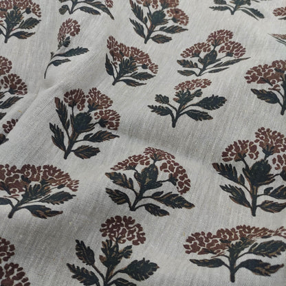 100% LINEN Fabric hand block print flowers - oatmeal linen fabric with black brown print Achillea - fabric for home decor upholstery