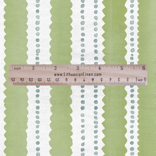100% LINEN Fabric Scalloped stripe print - green block print linen heavy for upholstery home decor - medium for dress making 2884G