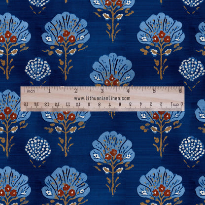 100% LINEN Indigo blue block print - Blue blossom - floral fabric for dress making or home decor 2934