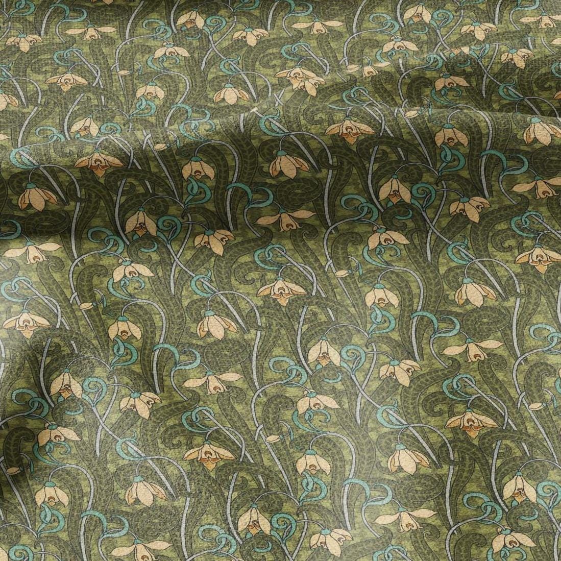100% linen  Snowdrop prints fabric for Curtain Upholstery Cushion - Art deco flower print fabric for dress making sewing
