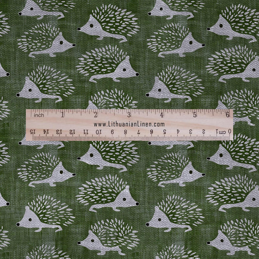 100% LINEN fabric Hedgehog print - Animal green print linen Fabric - Linen fabric for dressmaking home textile 2691