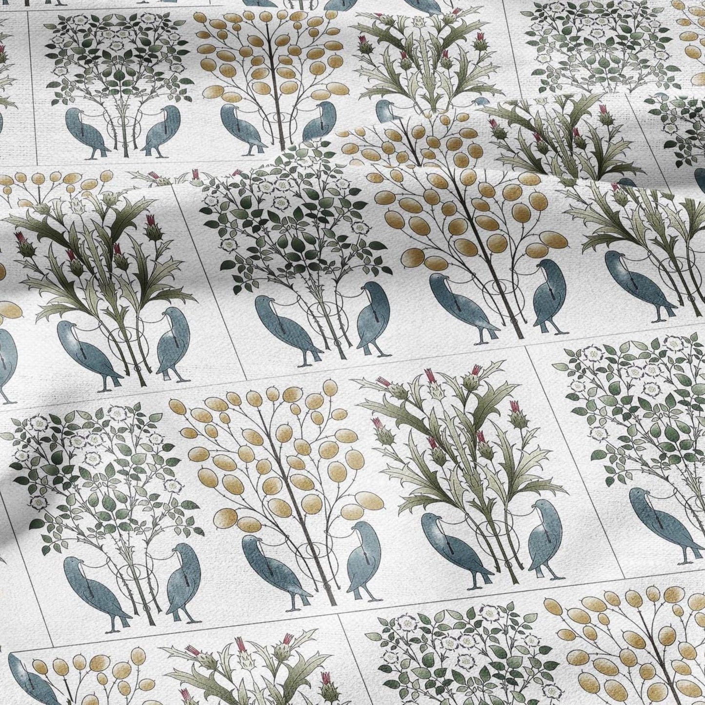 100% linen fabric CFA. Voysey The love birds print - Victorian Art crafts tree blossom - Historical pattern upholstery dress making 2993