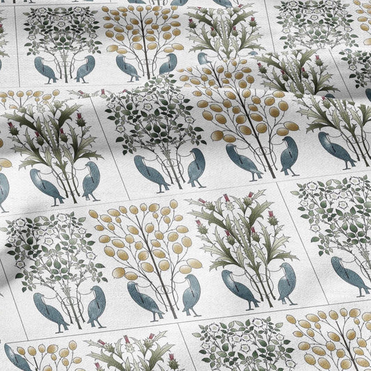 100% linen fabric CFA. Voysey The love birds print - Victorian Art crafts tree blossom - Historical pattern upholstery dress making 2993
