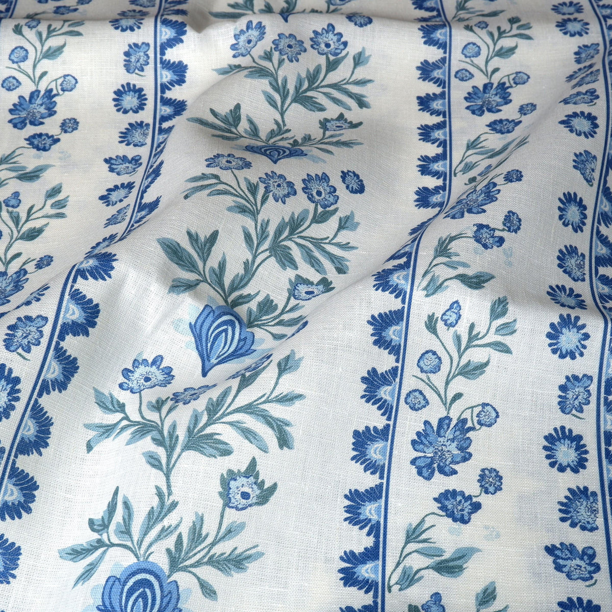 100% LINEN Fabric Floral stripe blue green white - french linen floral upholstery home textile Victorian fabrics 2153