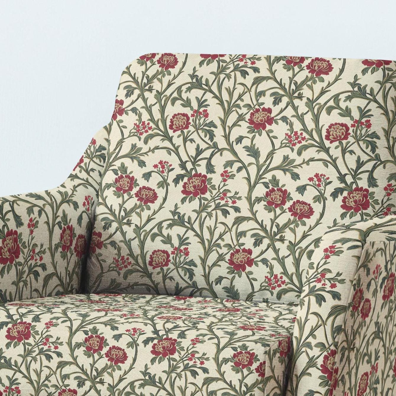100% LINEN Fabric UPHOLSTERY 12oz - Benmore flower print on linen - Modern vintage pattern Beige red floral field 2062